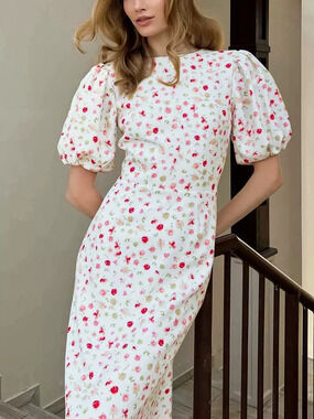 ZARA Chic Floral Print Puff Sleeve Summer Long Work Dress Fitted Waist